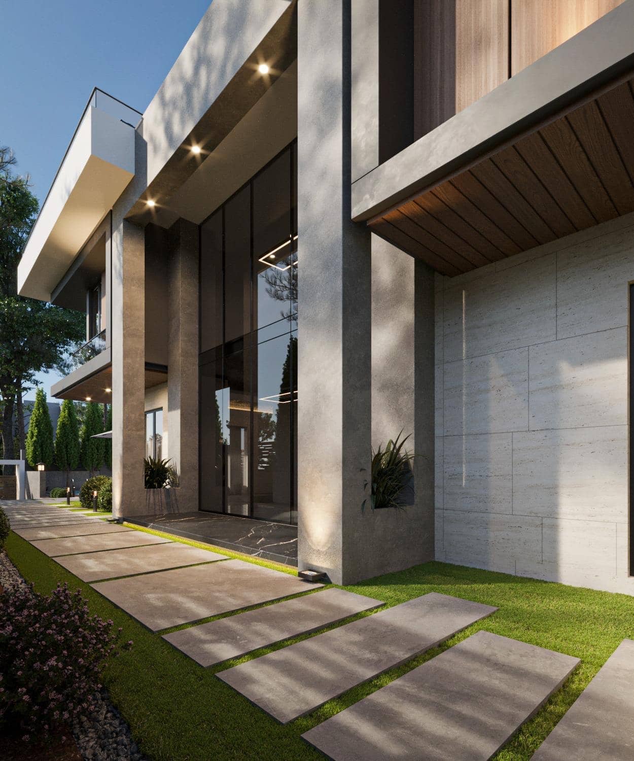 Balta Home'un taş ve ahşap dokulu giriş yolu akşam ışığında